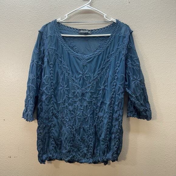 Boho Lace Whimsigoth Fairy Sheer Embroidered Top SZ M 3/4 Sleeves Cinched Y2K - Picture 1 of 8